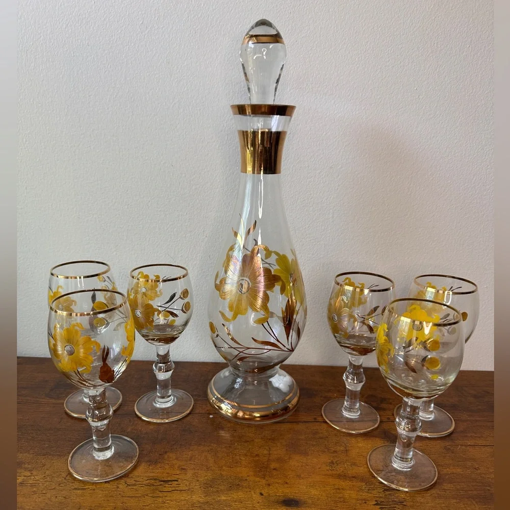 Vtg Mid-Century Romanian Glass Decanter Set - 6 Cordial Glasses - Hand Painted